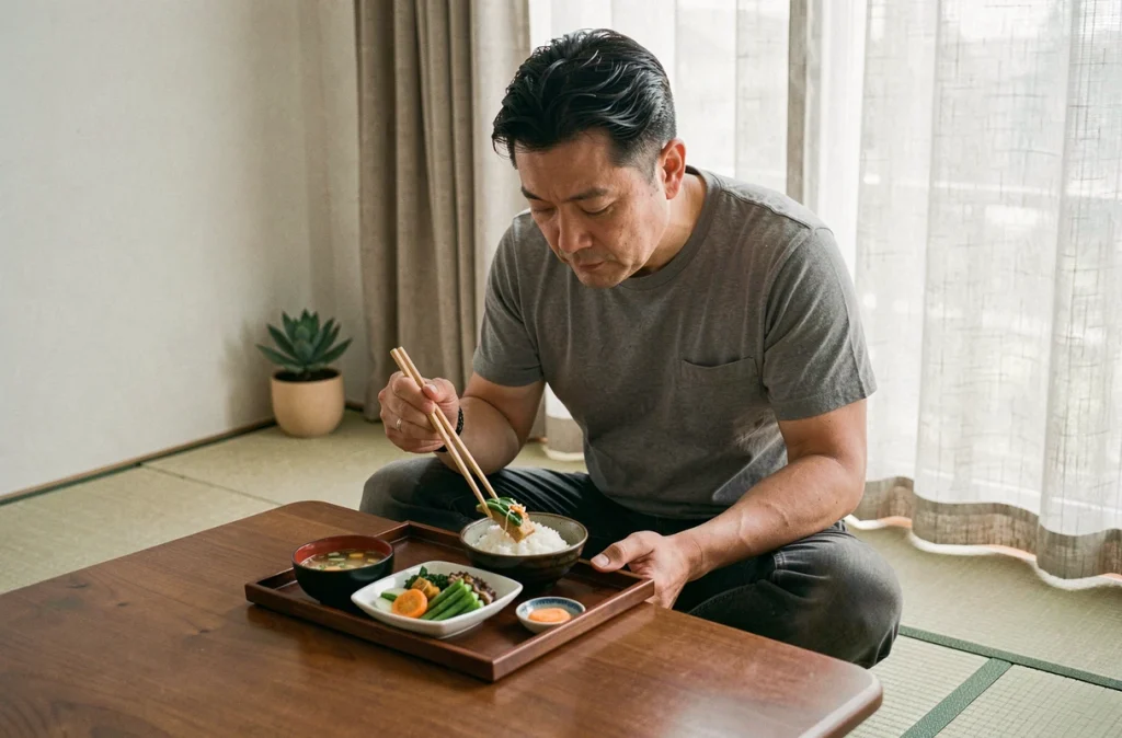 Homme mangeant un repas japonais en pleine conscience, assis en tailleur sur le sol dans un salon minimaliste