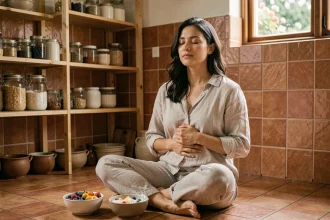 Femme pratiquant l'alimentation intuitive assise sur le sol de sa cuisine avec un bol de fruits, main posée sur le ventre en pleine conscience