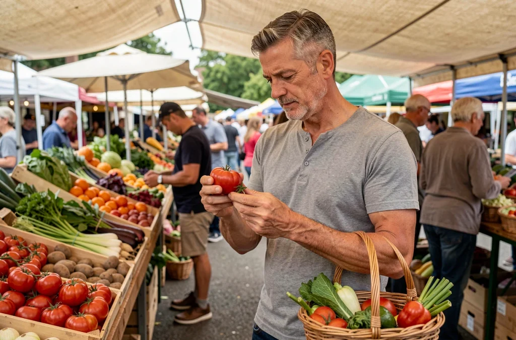 Homme choisissant des légumes frais avec attention sur un marché de producteurs, illustrant une approche intuitive de l'alimentation