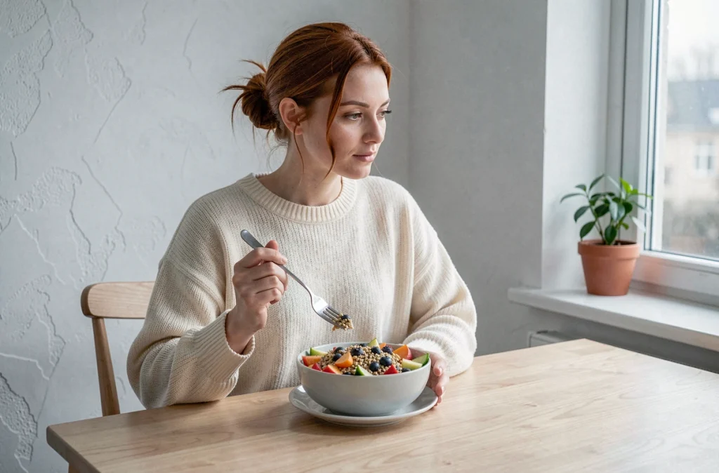 Jeune femme faisant une pause pendant son repas, regardant par la fenêtre, pratiquant l'écoute de son corps et l'alimentation consciente