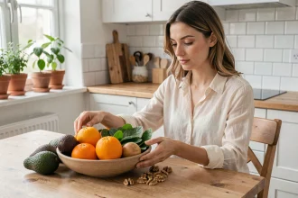 Femme enceinte au premier trimestre préparant un bol de fruits et légumes nutritifs dans une cuisine moderne