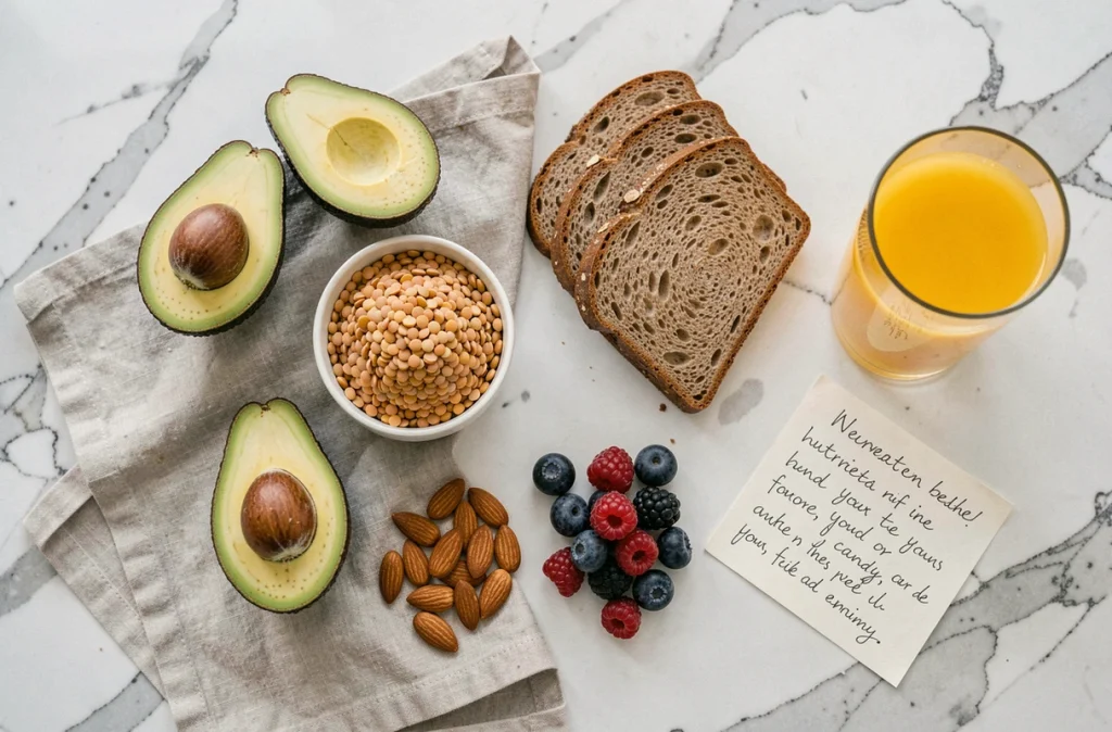 Sélection d'aliments nutritifs recommandés au premier trimestre de grossesse disposés en flat lay sur marbre blanc