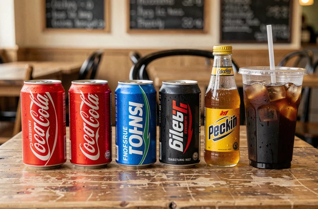 Assortiment de boissons sucrées et sodas sur une table de café, représentant la consommation quotidienne de sucre liquide