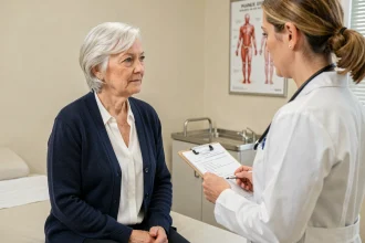 Femme âgée de plus de 65 ans lors d'un bilan de santé avec sa médecin généraliste dans un cabinet médical