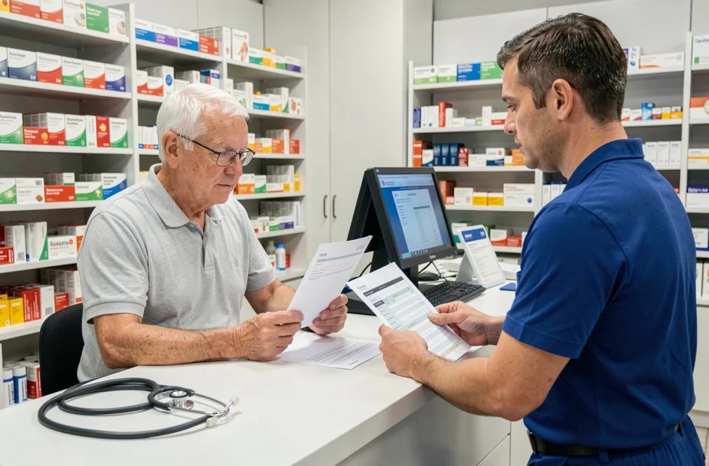 Homme senior consultant ses résultats de bilan de santé avec un pharmacien dans une pharmacie moderne