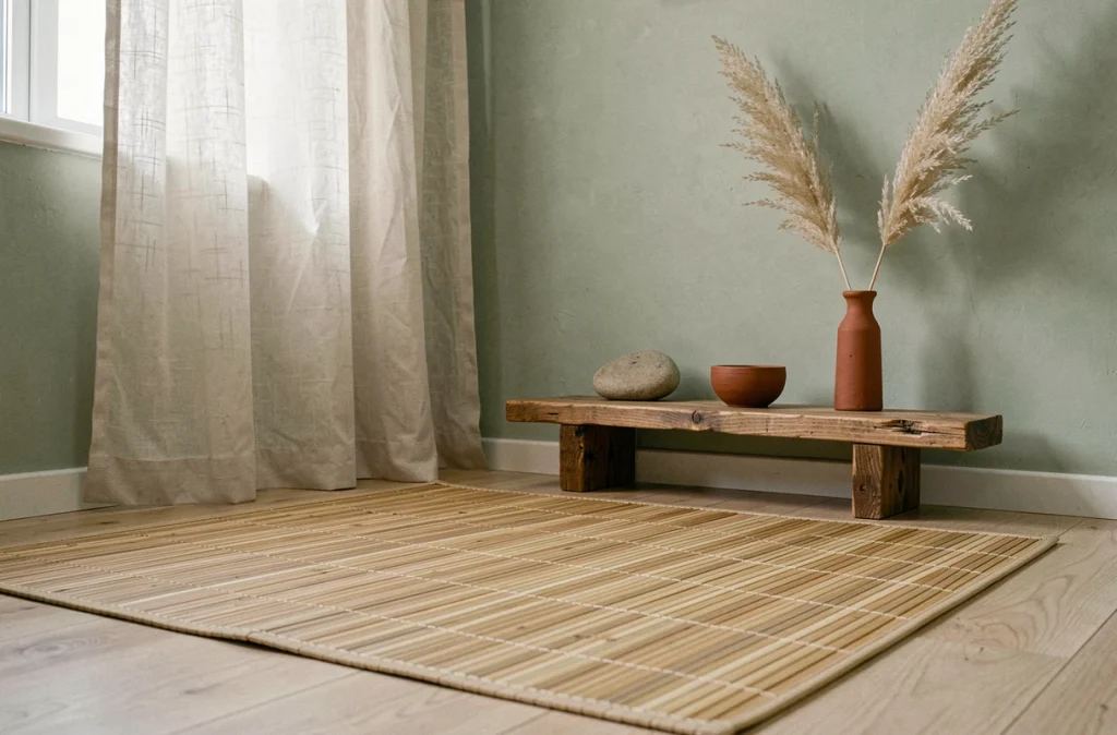 Coin méditation aménagé avec un tapis en bambou, un bol chantant en argile et des accessoires naturels dans un appartement