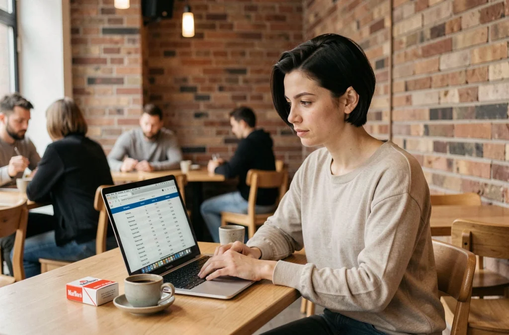 Femme comparant les prix des cigarettes Marlboro en Allemagne sur un ordinateur portable dans un café berlinois
