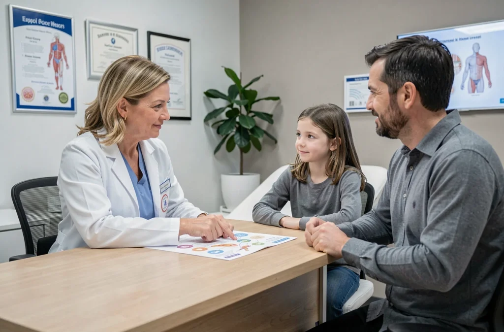 Pédiatre allergologue expliquant les allergies alimentaires à une jeune patiente et son père en cabinet médical