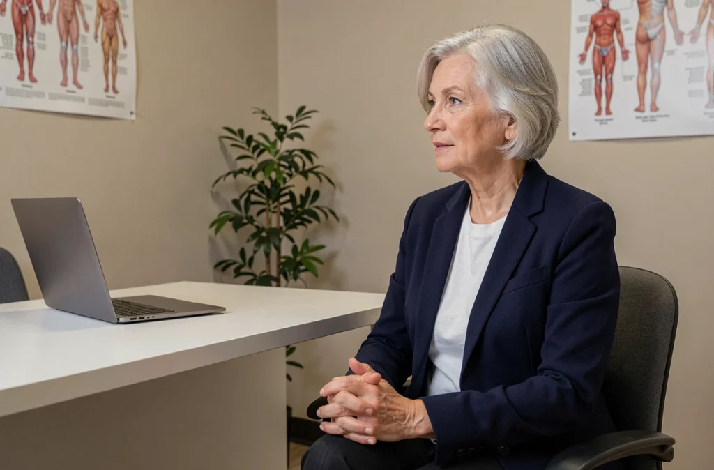 Femme de 55 ans en consultation médicale pour comprendre ses changements hormonaux liés à la ménopause