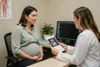 Femme enceinte en consultation prénatale avec sa médecin gynécologue dans un cabinet médical