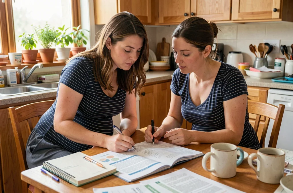 Couple de futurs parents assis à la table de cuisine consultant un plan de naissance pour identifier les signes précurseurs de l'accouchement