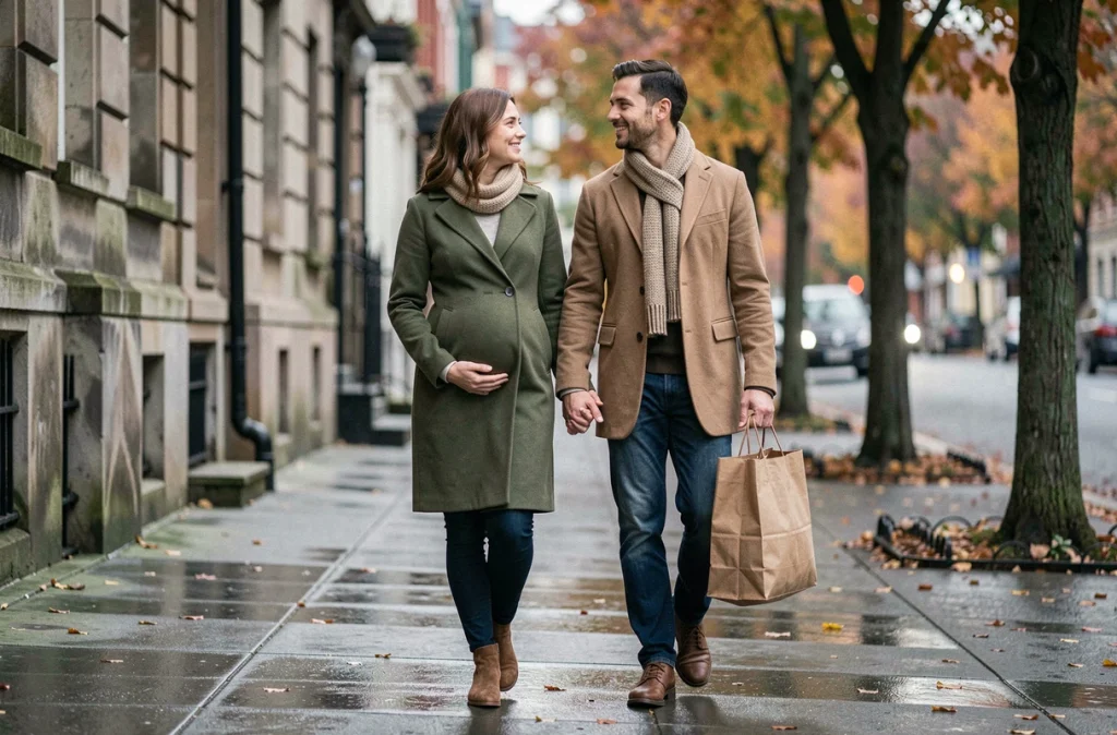 Un couple dont la femme est enceinte se promène main dans la main sur un trottoir en automne, illustrant la complicité et le soutien du partenaire au quotidien pendant la grossesse