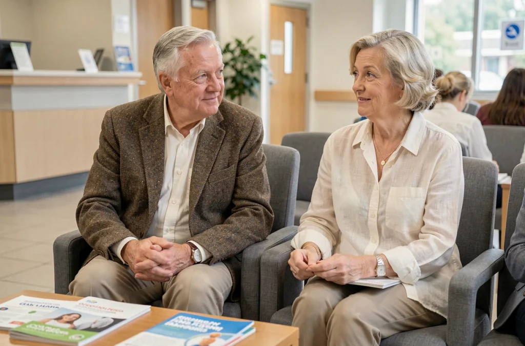 Couple de seniors en salle d'attente d'un hôpital avant un bilan de santé préventif après 65 ans