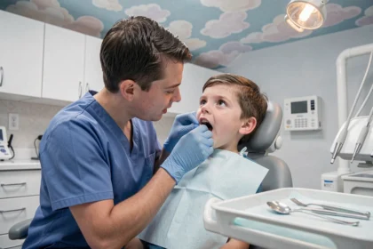 Dentiste pédiatrique examinant la bouche d'un enfant en clinique dentaire avec des instruments stériles