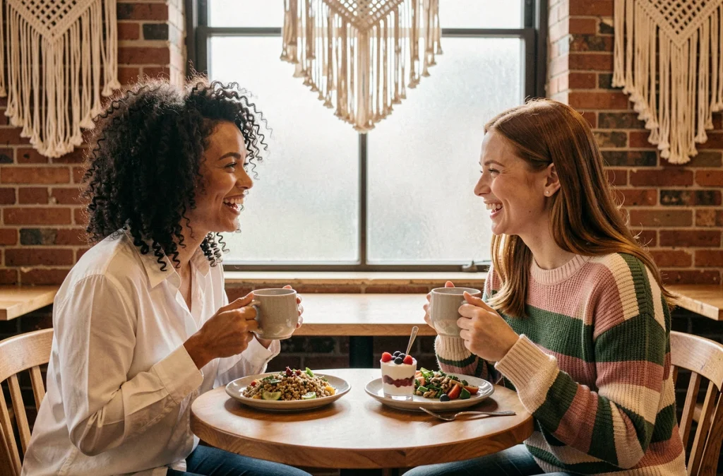 Deux femmes partageant un repas sain dans un café tendance dans le cadre d'une démarche de perte de poids sans régime