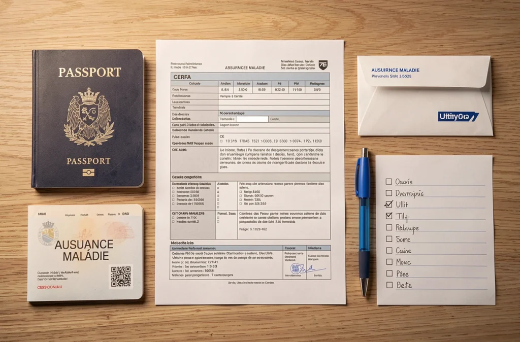 Vue à plat des documents nécessaires pour constituer un dossier de carte Vitale en France