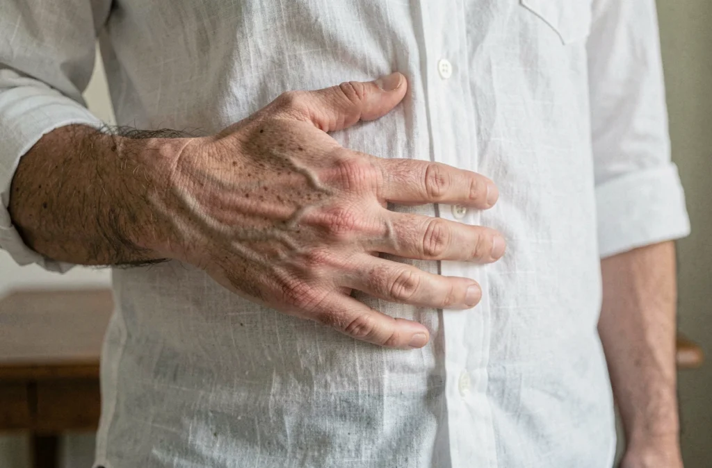 Gros plan sur une main posée sur les côtes inférieures illustrant la douleur localisée d'une côte déplacée ou subluxation costale