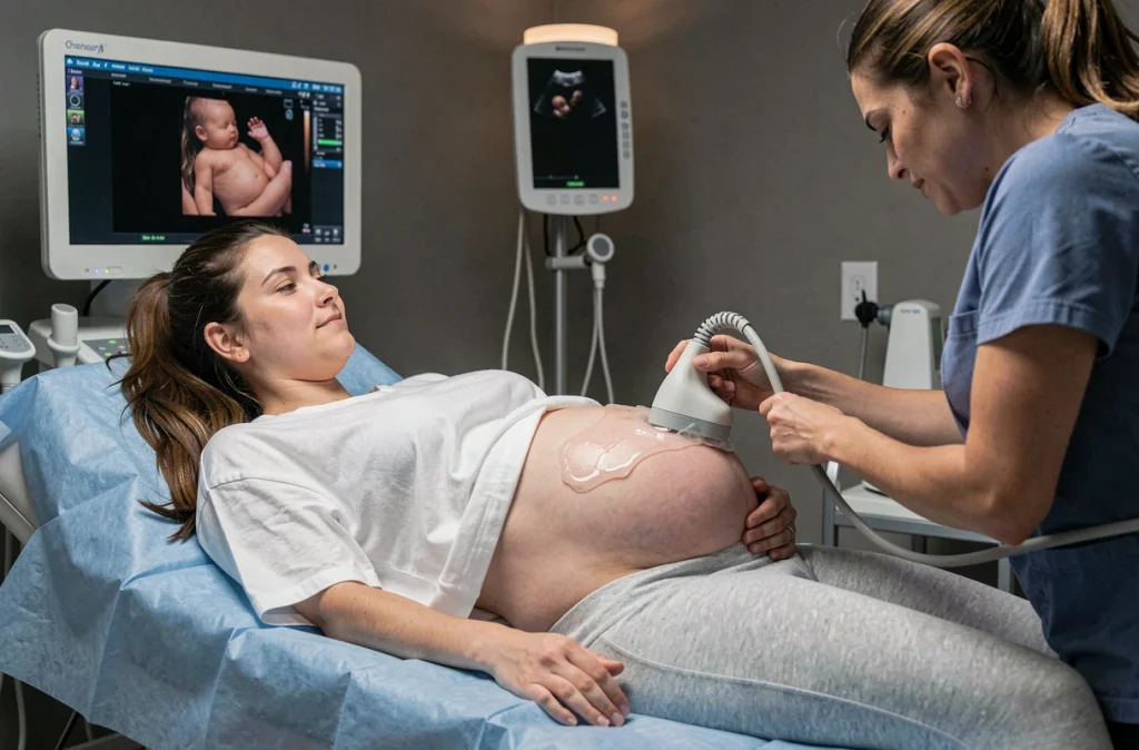 Échographie prénatale d'une femme enceinte réalisée par une technicienne en imagerie médicale