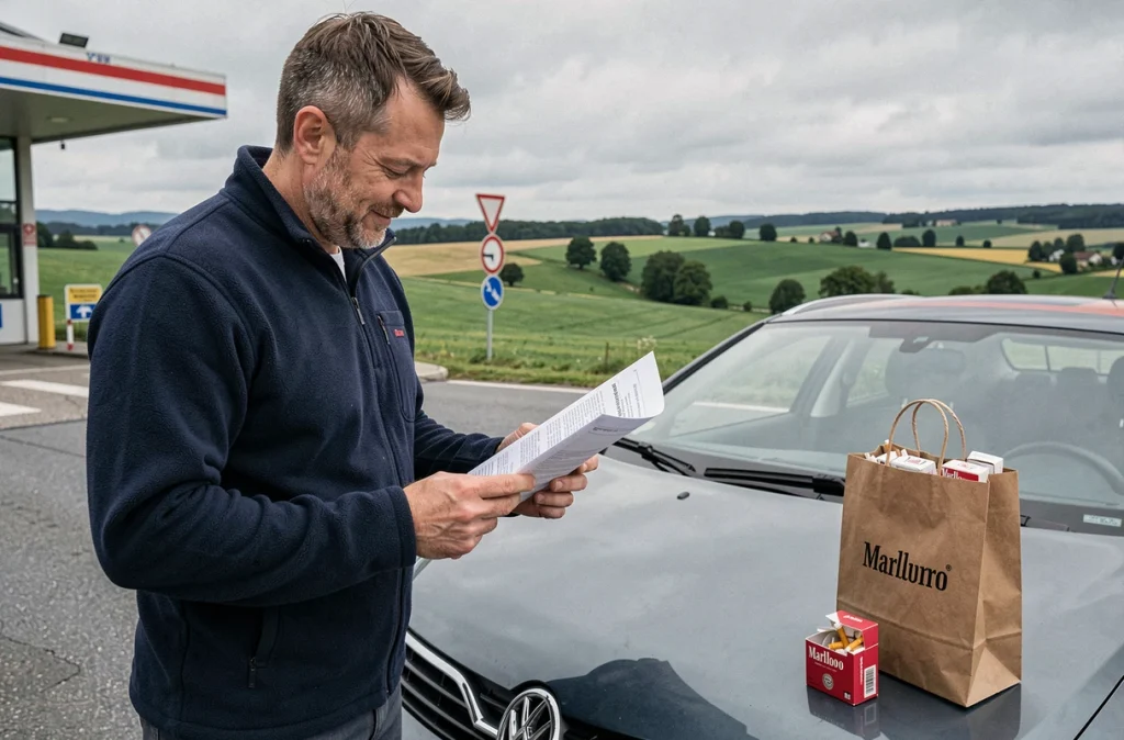Homme planifiant ses économies sur l'achat de cigarettes Marlboro en Allemagne au bord d'une voiture de location