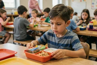 Jeune garçon examinant son repas sans allergènes dans une cafétéria scolaire