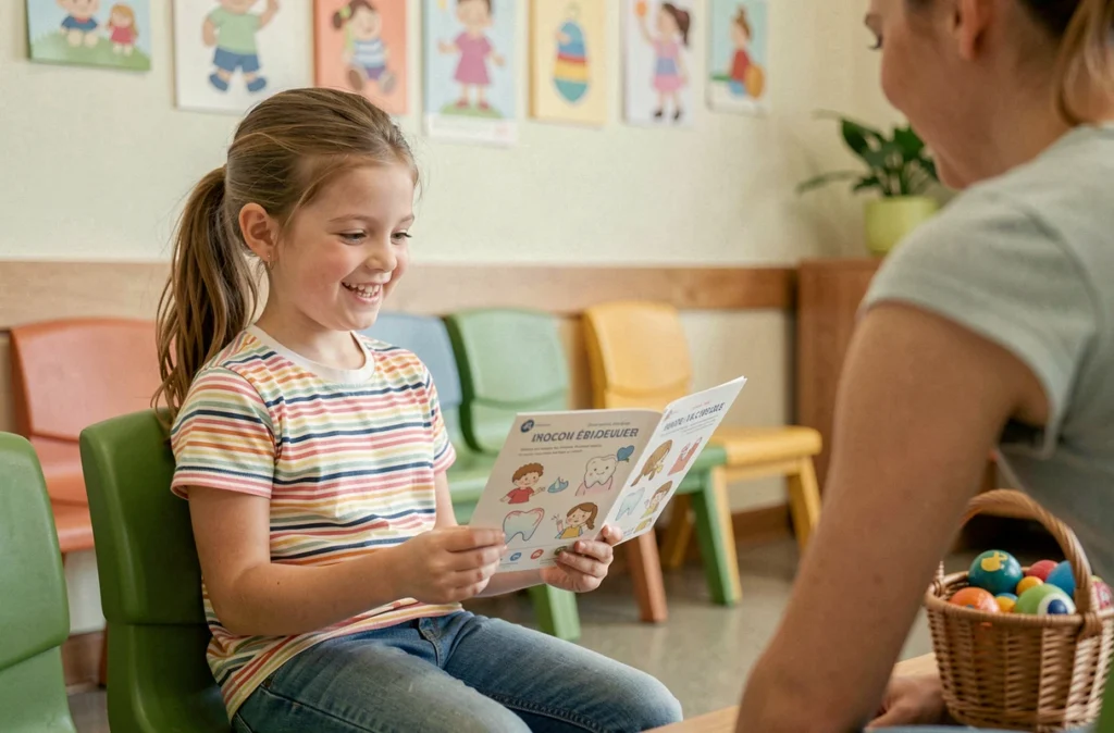 Jeune fille et parent dans une salle d'attente pédiatrique consultant une brochure sur les soins dentaires