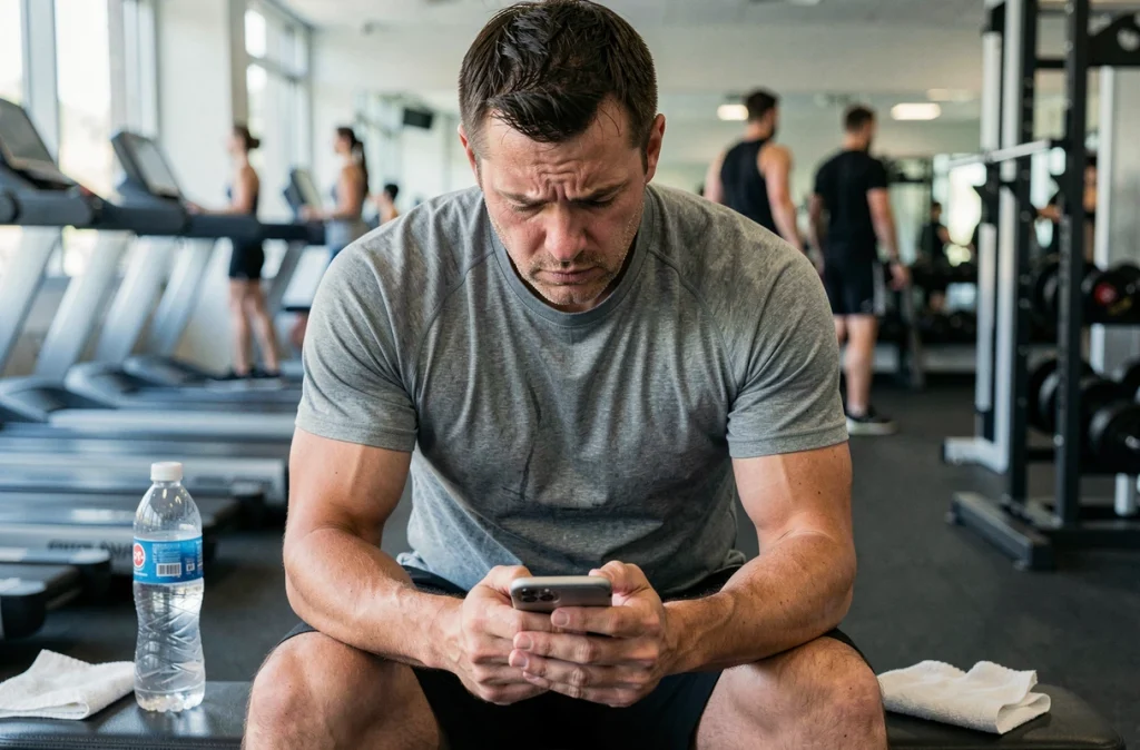 Homme épuisé sur un banc de musculation consultant son application fitness, représentant les erreurs d'entraînement qui bloquent la perte de poids