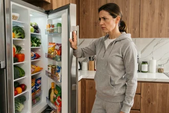 Femme hésitant devant un réfrigérateur ouvert rempli d'aliments sains et de snacks, illustrant les erreurs alimentaires qui freinent la perte de poids