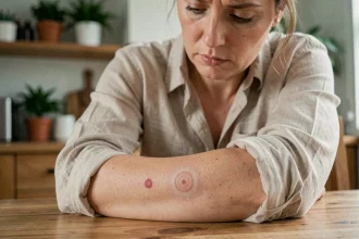 Femme examinant une éruption cutanée en forme d'anneau rouge sur son avant-bras, signe caractéristique de la maladie de Lyme