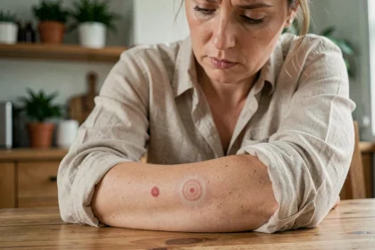Femme examinant une éruption cutanée en forme d'anneau rouge sur son avant-bras, signe caractéristique de la maladie de Lyme