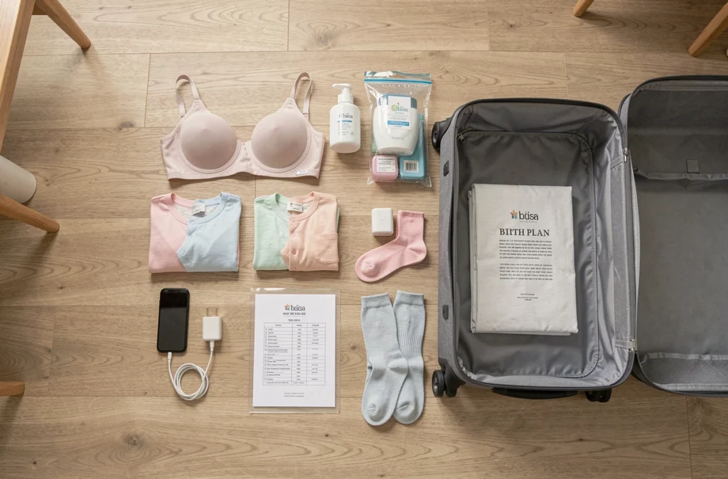 Vue à plat des essentiels à mettre dans la valise de maternité, incluant vêtements, produits de soin et documents