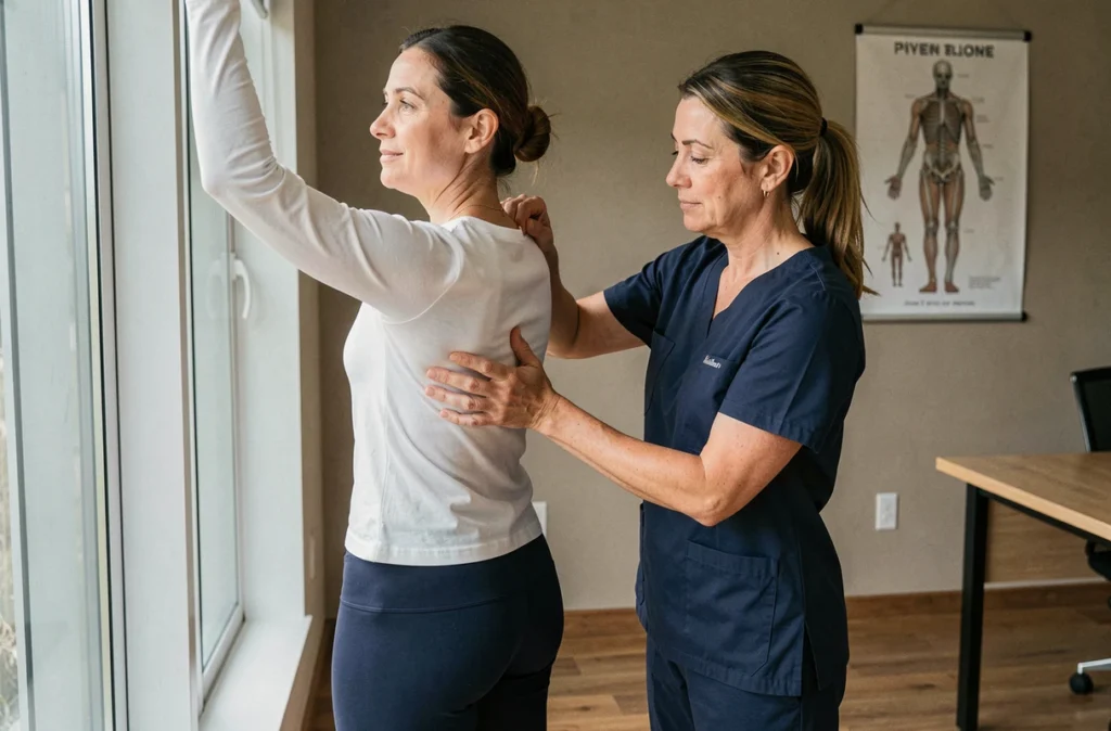 Kinésithérapeute examinant les côtes d'une patiente dans un cabinet de physiothérapie pour diagnostiquer une subluxation costale