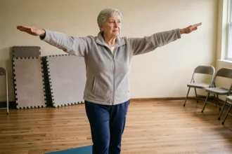 Senior femme effectuant un exercice d'équilibre sur un tapis de yoga dans une salle communautaire pour prévenir les chutes