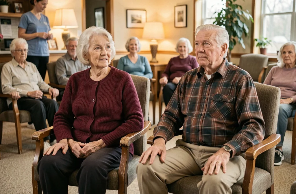 Deux seniors participant à une séance d'exercices en chaise dans un salon de résidence pour personnes âgées afin de prévenir les chutes