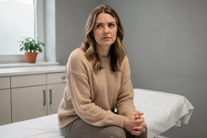 Femme assise dans un cabinet gynécologique avant un rendez-vous pour le retrait d'un stérilet