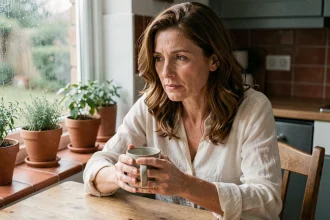 Femme de 42 ans pensive à la table de cuisine tenant une tasse, illustrant les effets des changements hormonaux sur l'humeur et la fatigue