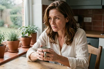 Femme de 42 ans pensive à la table de cuisine tenant une tasse, illustrant les effets des changements hormonaux sur l'humeur et la fatigue