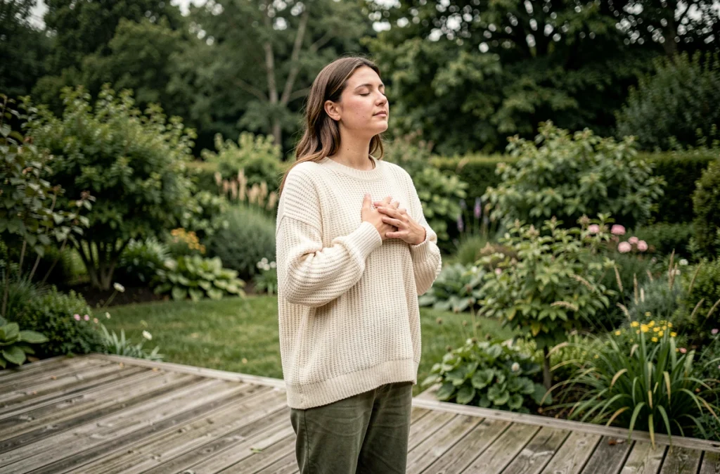 Jeune femme pratiquant la cohérence cardiaque en plein air sur une terrasse en bois face à un jardin verdoyant