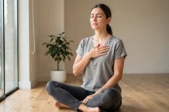 Femme pratiquant la cohérence cardiaque assise en tailleur, main sur le cœur, dans un salon minimaliste lumineux