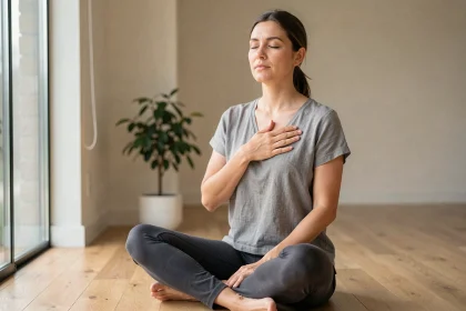 Femme pratiquant la cohérence cardiaque assise en tailleur, main sur le cœur, dans un salon minimaliste lumineux