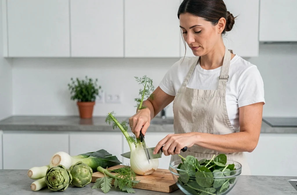Femme préparant des légumes rassasiants comme le fenouil, les poireaux et les artichauts dans une cuisine moderne