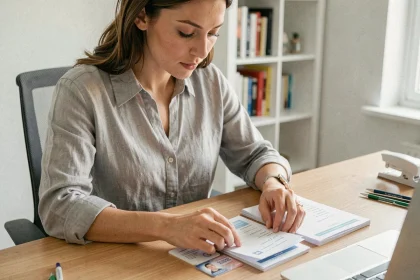 Femme organisant ses documents officiels pour une demande de carte Vitale à son bureau à domicile