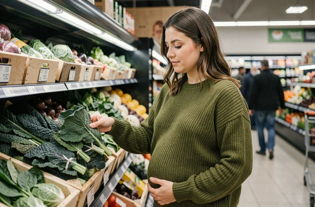Femme enceinte choisissant des légumes verts riches en folates au marché pendant le premier trimestre de grossesse