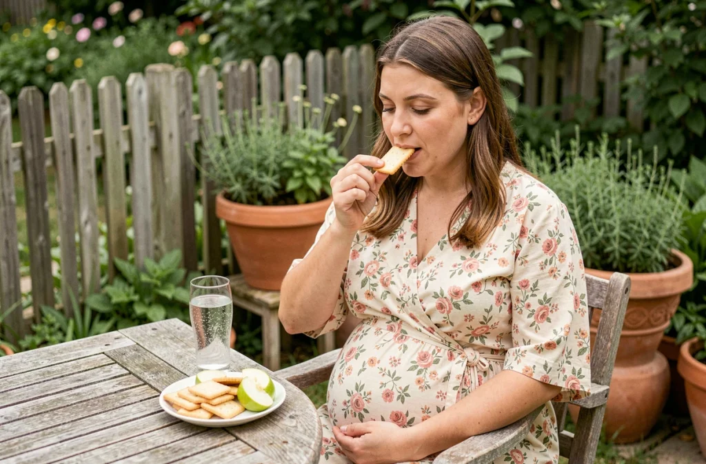 Femme enceinte mangeant des crackers et des tranches de pomme verte dans un jardin pour calmer les nausées matinales naturellement