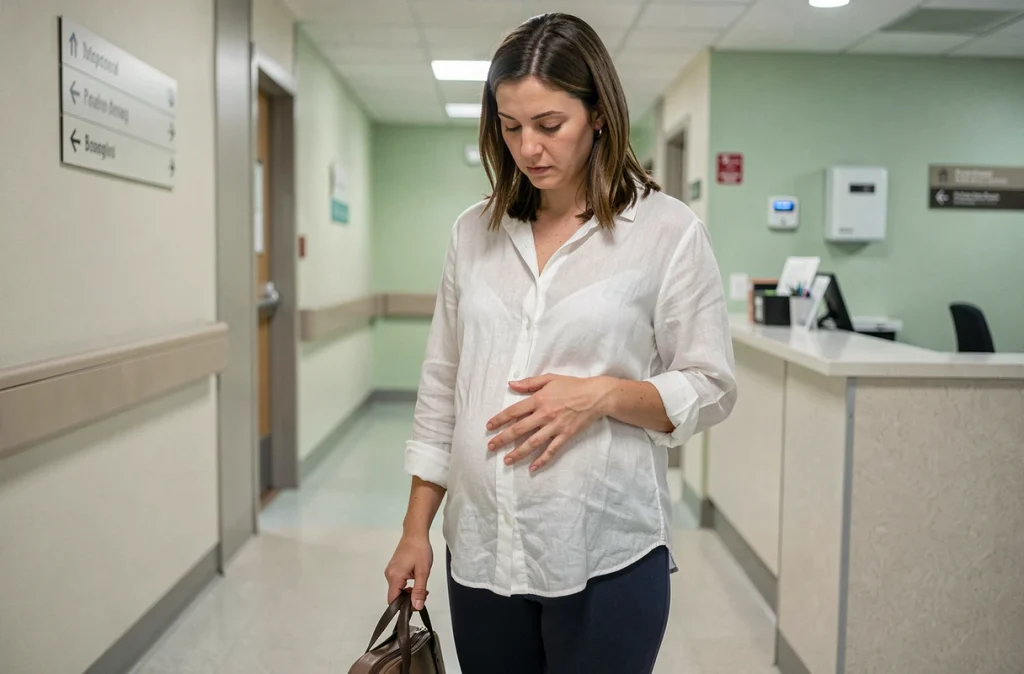 Femme enceinte debout dans un couloir de maternité avec un sac de naissance, ressentant des contractions précurseurs