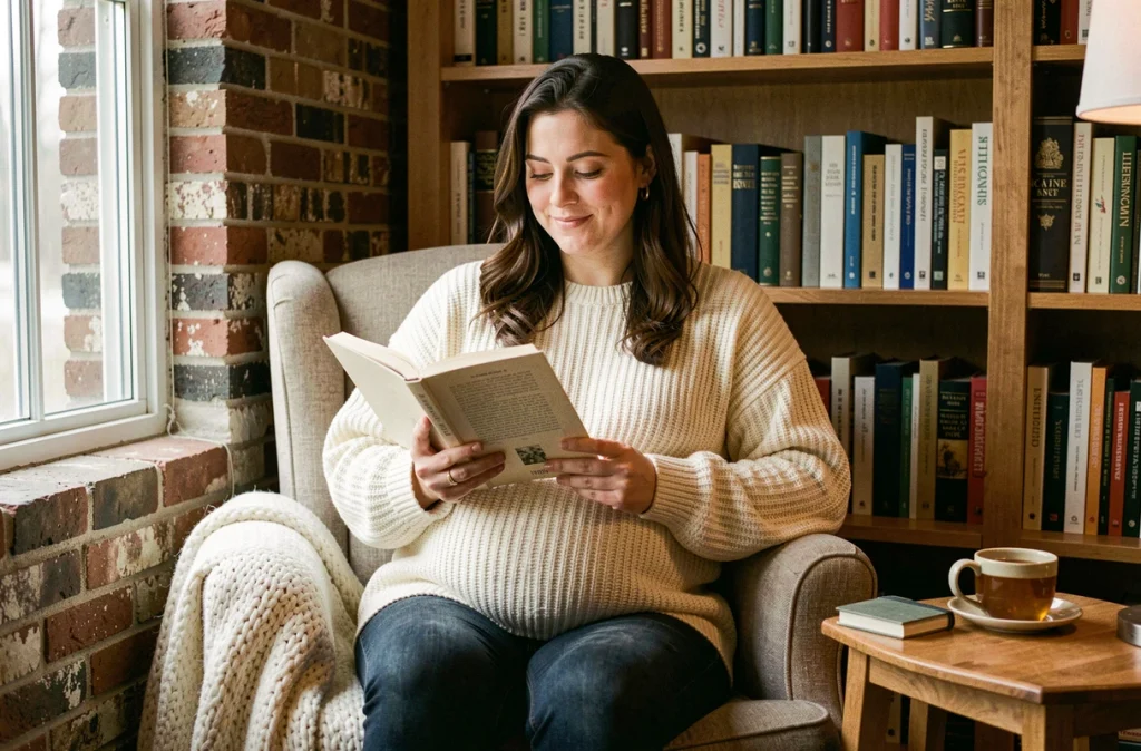 Femme enceinte se ressourçant dans un coin lecture pour soulager l'anxiété avant l'accouchement