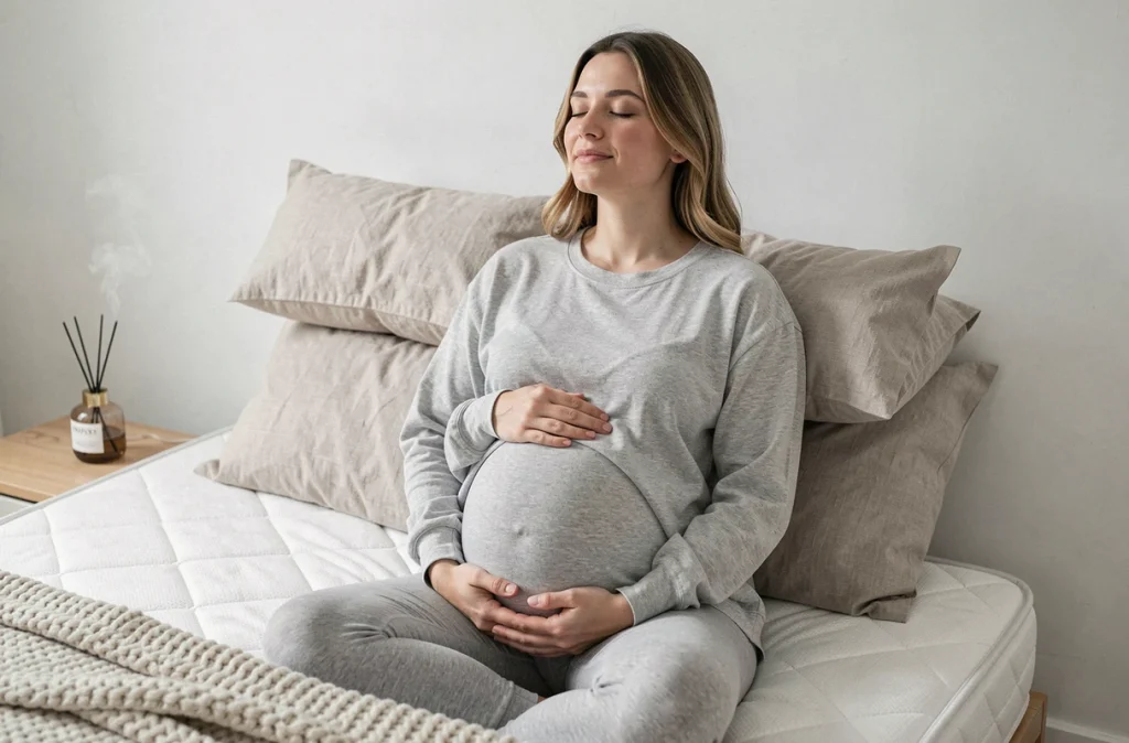 Femme enceinte assise dans son lit soutenue par des oreillers pour un sommeil confortable