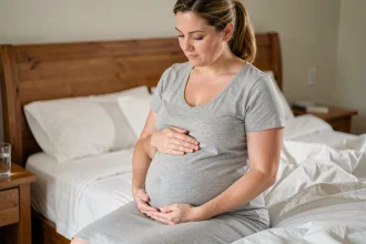 Femme enceinte assise sur le bord d'un lit tenant son ventre, reconnaissant les premiers signes de l'accouchement