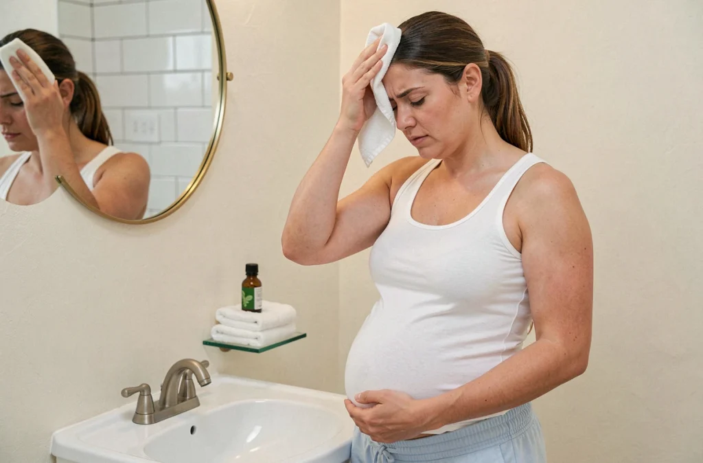 Femme enceinte dans la salle de bain appliquant un linge frais à la menthe poivrée pour atténuer les nausées de grossesse