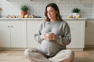 Femme enceinte assise sur le sol de sa cuisine tenant une tasse de thé au gingembre pour soulager les nausées matinales