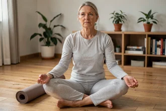 Femme d'une cinquantaine d'années pratiquant un étirement doux assis sur un plancher en bois pour soulager les douleurs articulaires